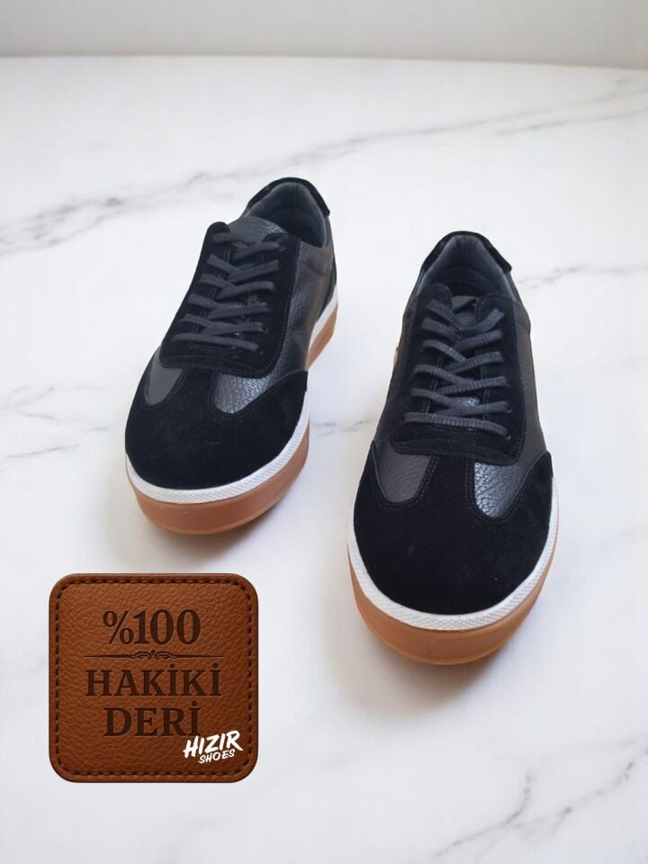 Hakiki Deri Erkek Siyah Turuncu Casual Spor Ayakkabı
